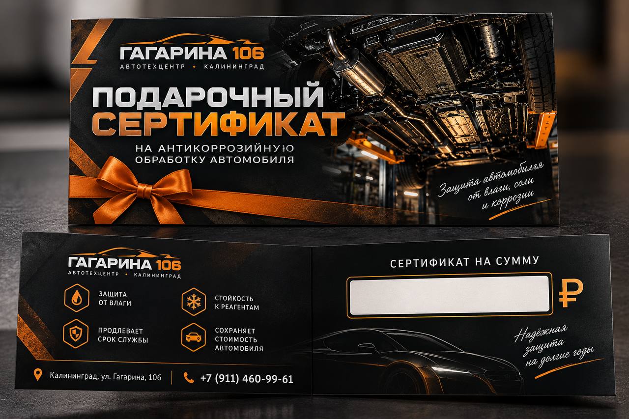 Подарочный сертификат на антикоррозийную обработку автомобиля